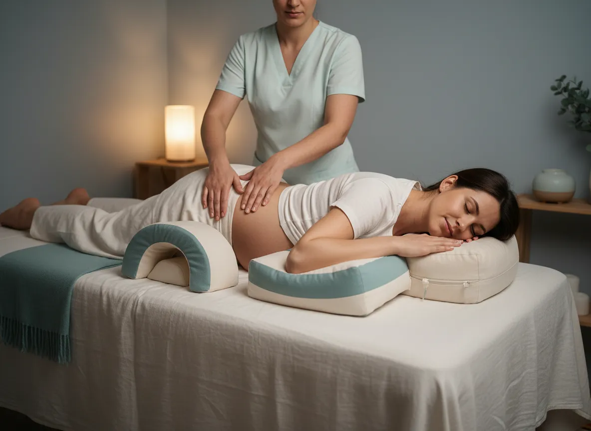 Relaxing prenatal massage setup with supportive pillows for mom’s comfort